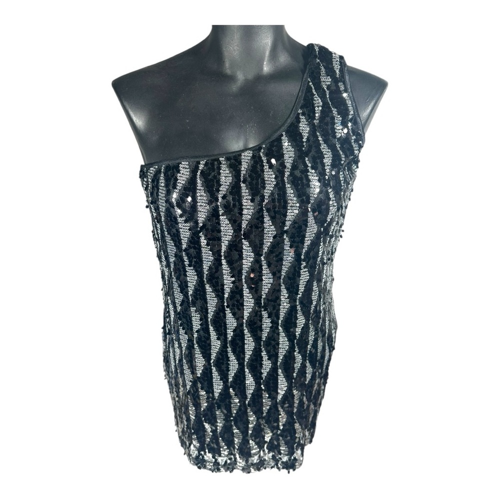 California Girlz Vintage One Shoulder Top Size XL Black Silver Sequins Stretchy